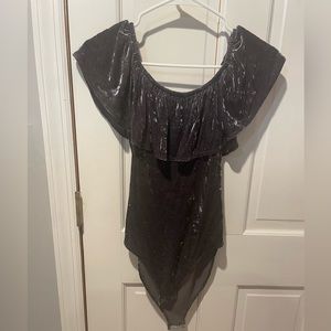 velvet olive green off the shoulder body suit from American Eagle